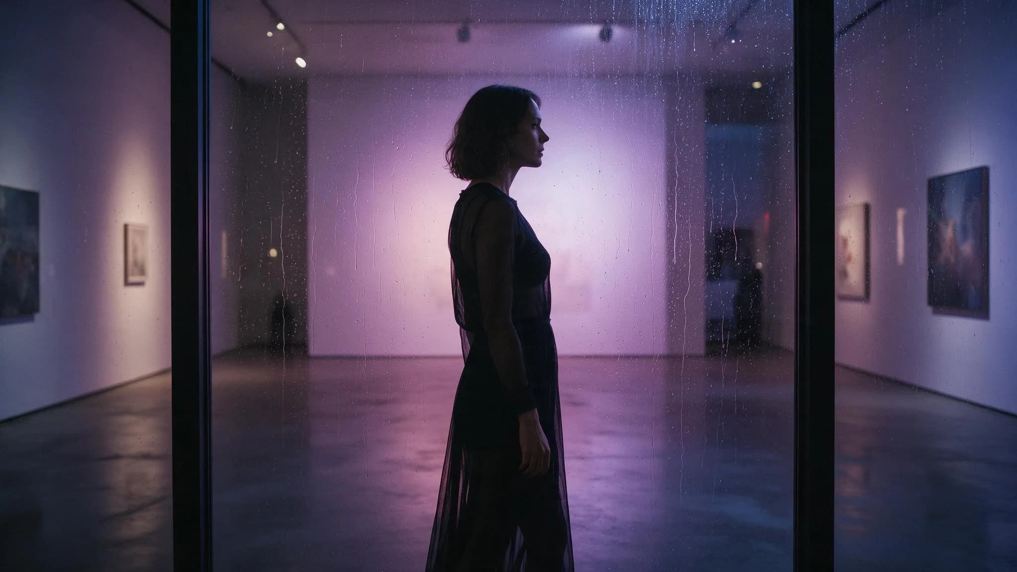 Fictional adult creator in a rain-lit gallery used as an image-to-video source direction