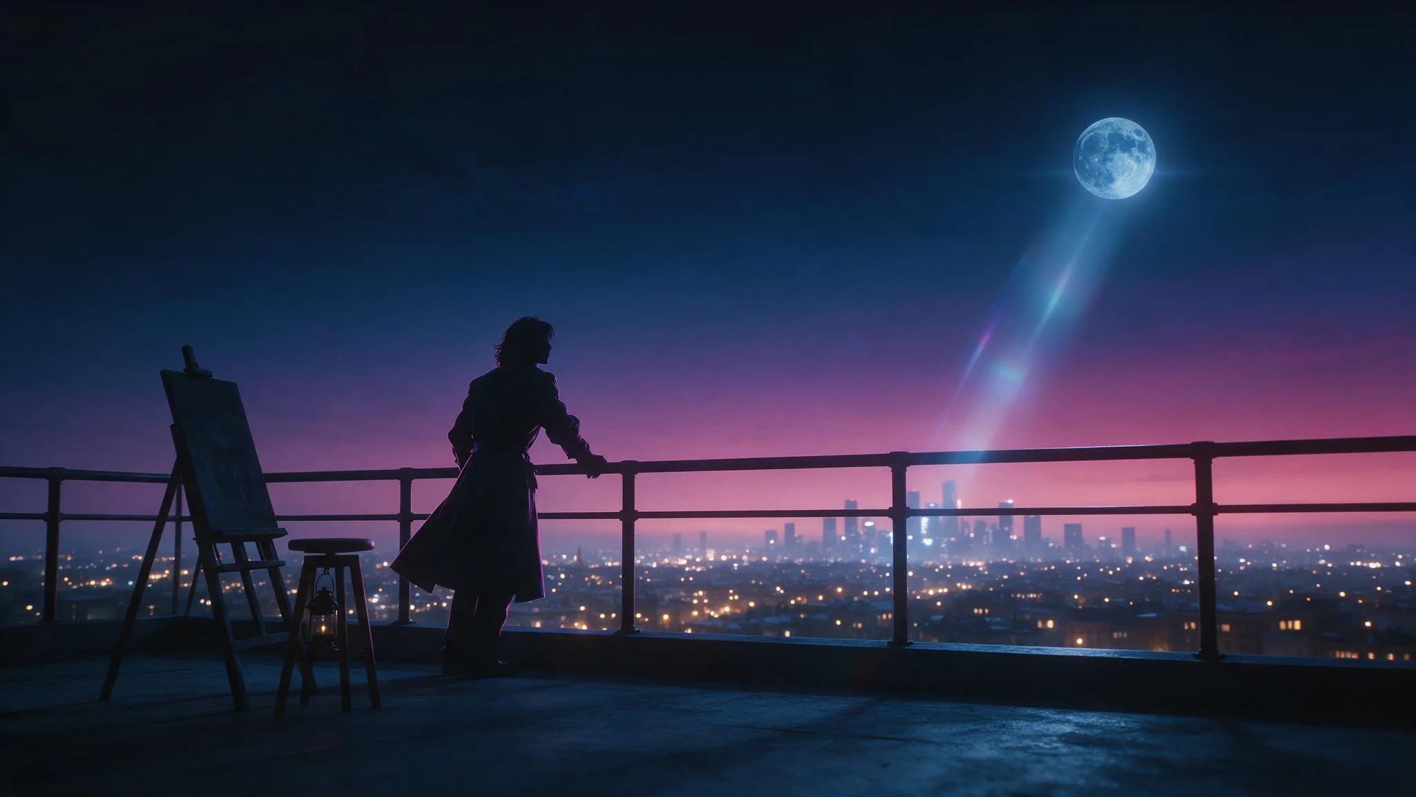 Fictional adult creator on a silver rooftop used as an image-to-video source direction